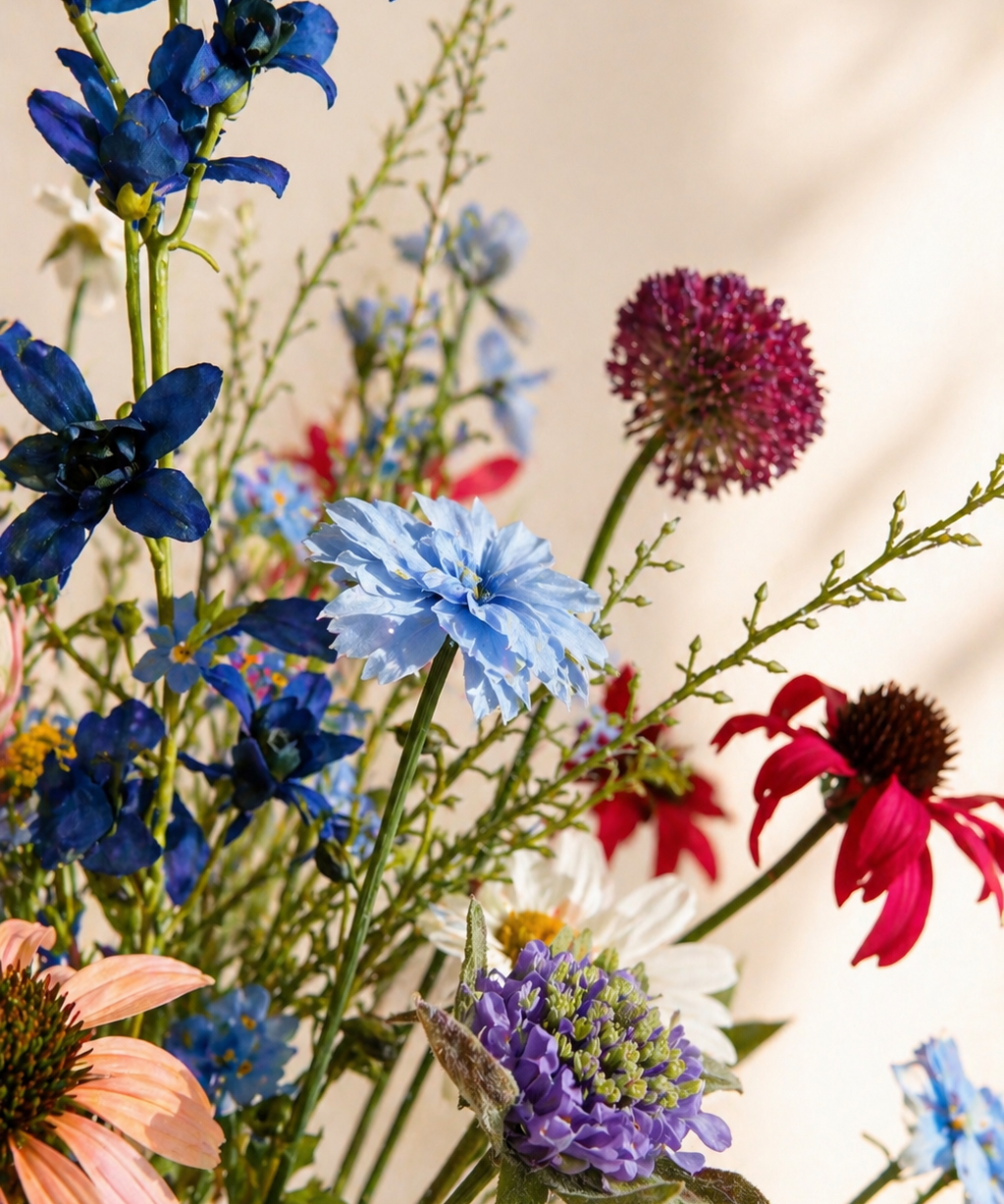Zijden bloemen boeket Wild Elegance kleurrijk met Val Pottery vaas