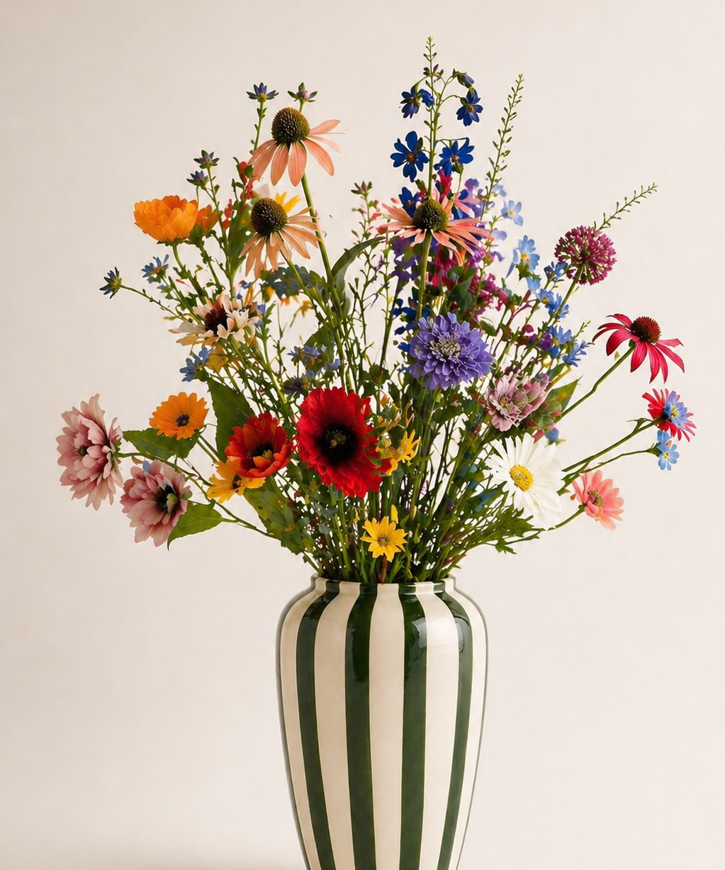 Zijden bloemen boeket Wild Elegance kleurrijk met Val Pottery vaas