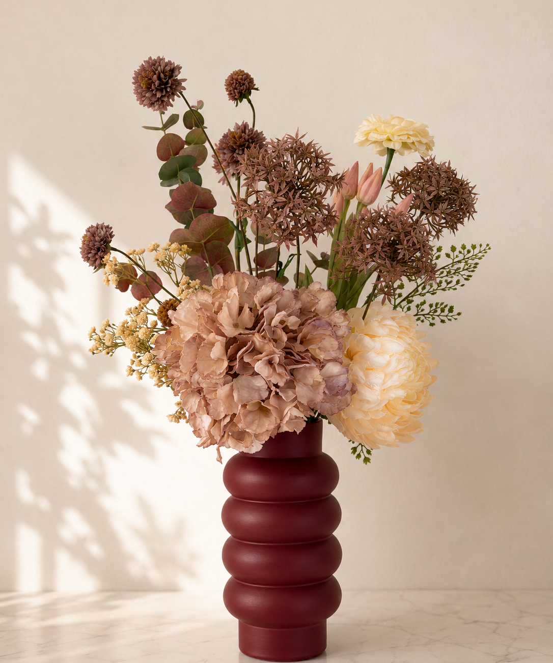 Velvet Blush zijden bloemen in blush en bordeaux tinten