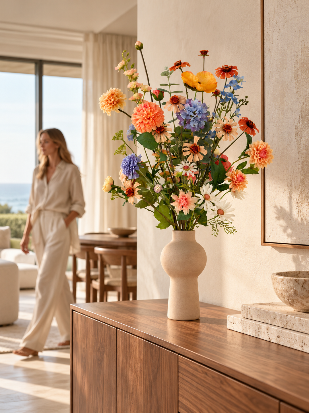 Interieurfoto Apricot Garden zijden boeket met abrikooskleurige, oranje, lila en blauwe bloemen in een matte zandkleurige vaas.