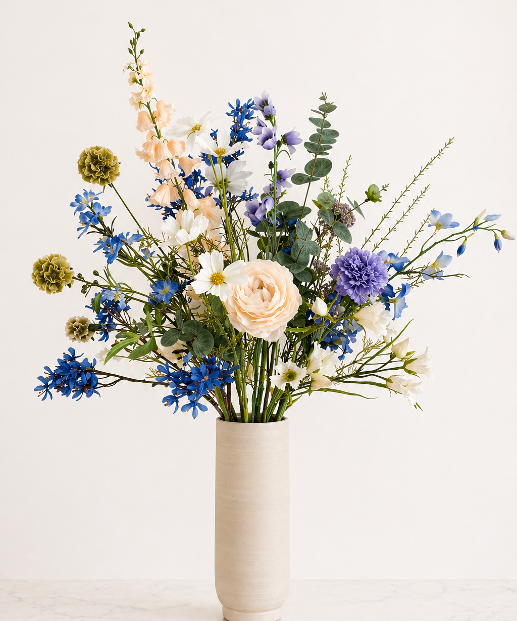 Zijden bloemenboeket Blue Garden met vaas