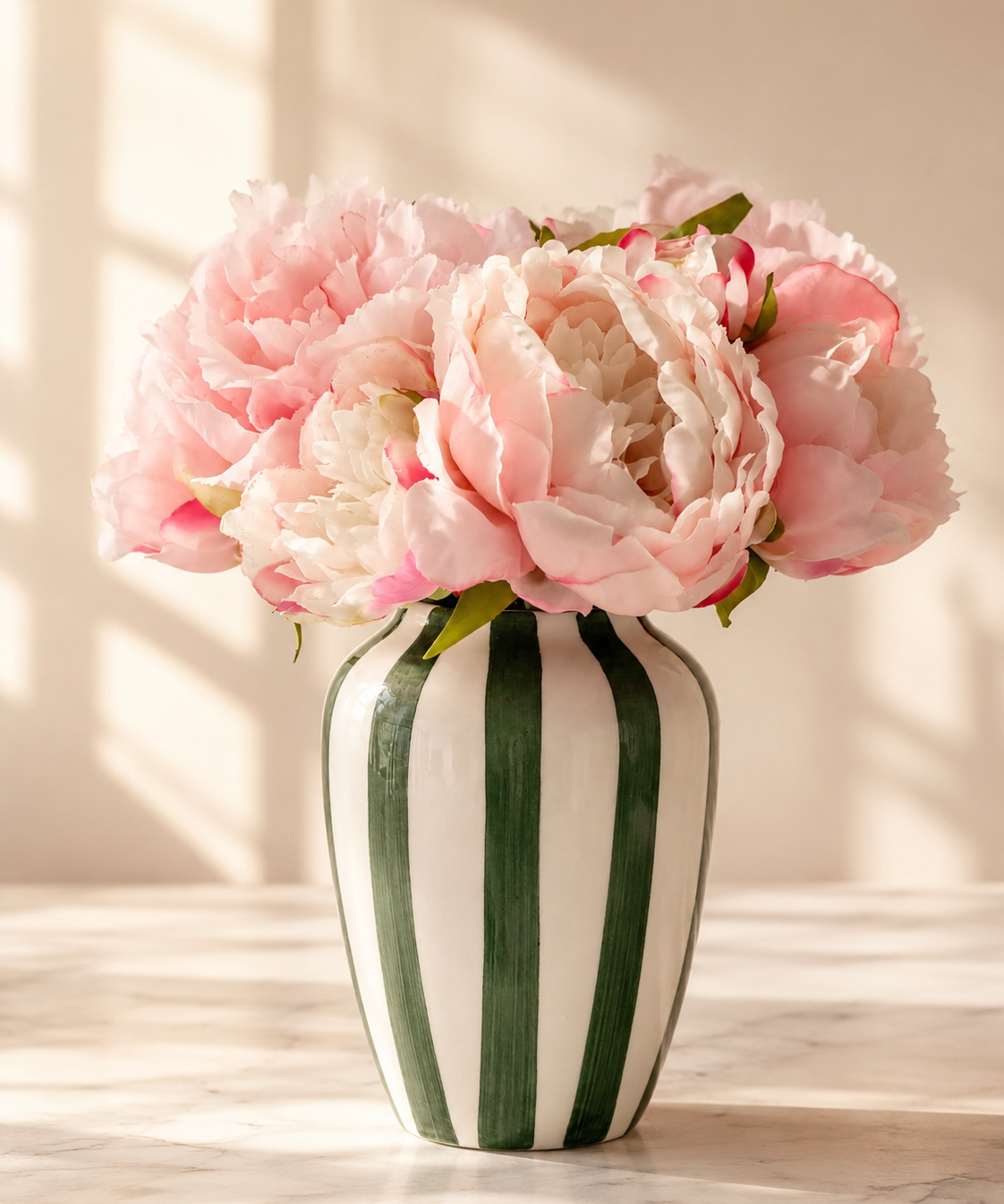 Zijden pioenrozen boeket in roze tinten volle en gesloten bloemen met vaas