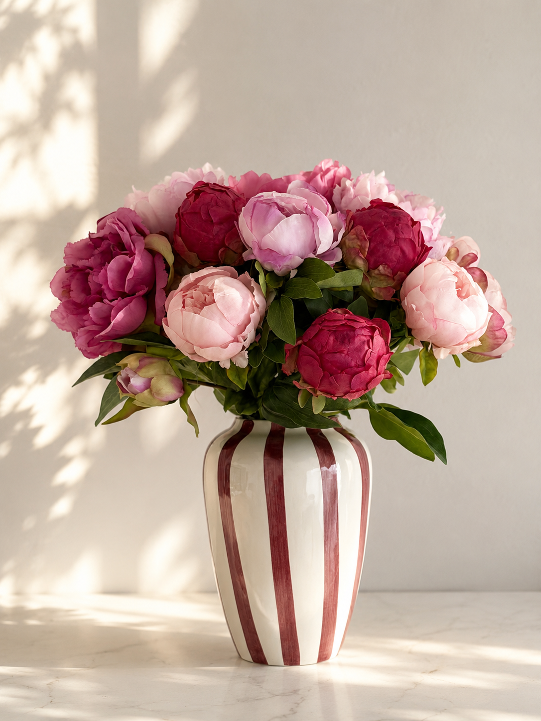 Zijden pioenrozen boeket in roze tinten volle en gesloten bloemen met vaas