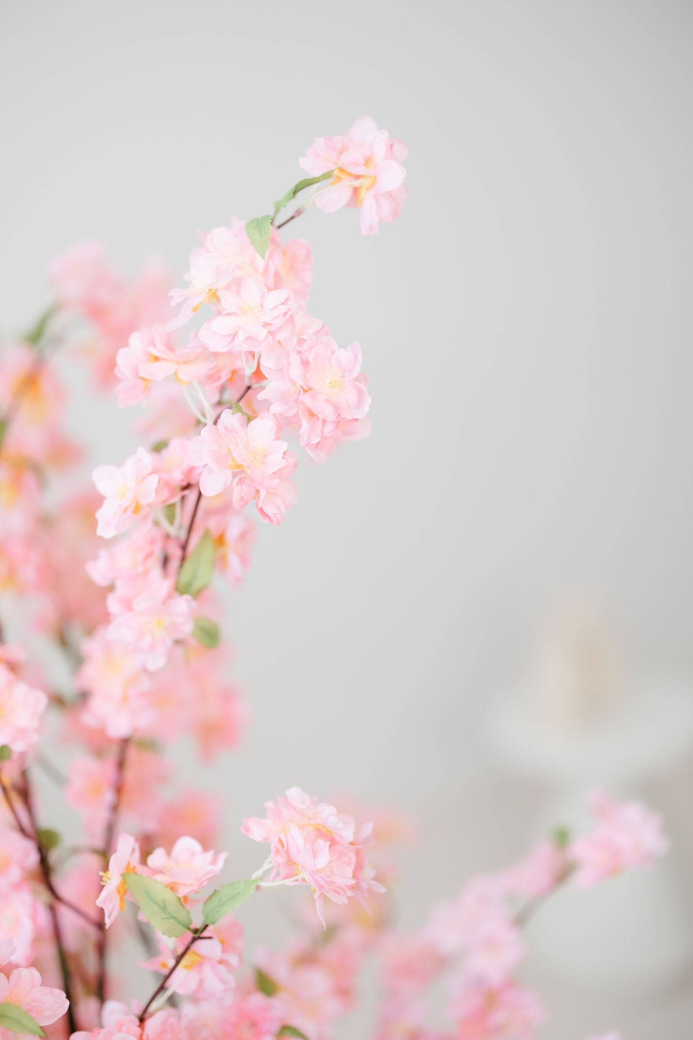Detail van roze zijden bloesemboom met realistische bloesems en natuurlijke takken