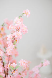 Detail van roze zijden bloesemboom met realistische bloesems en natuurlijke takken