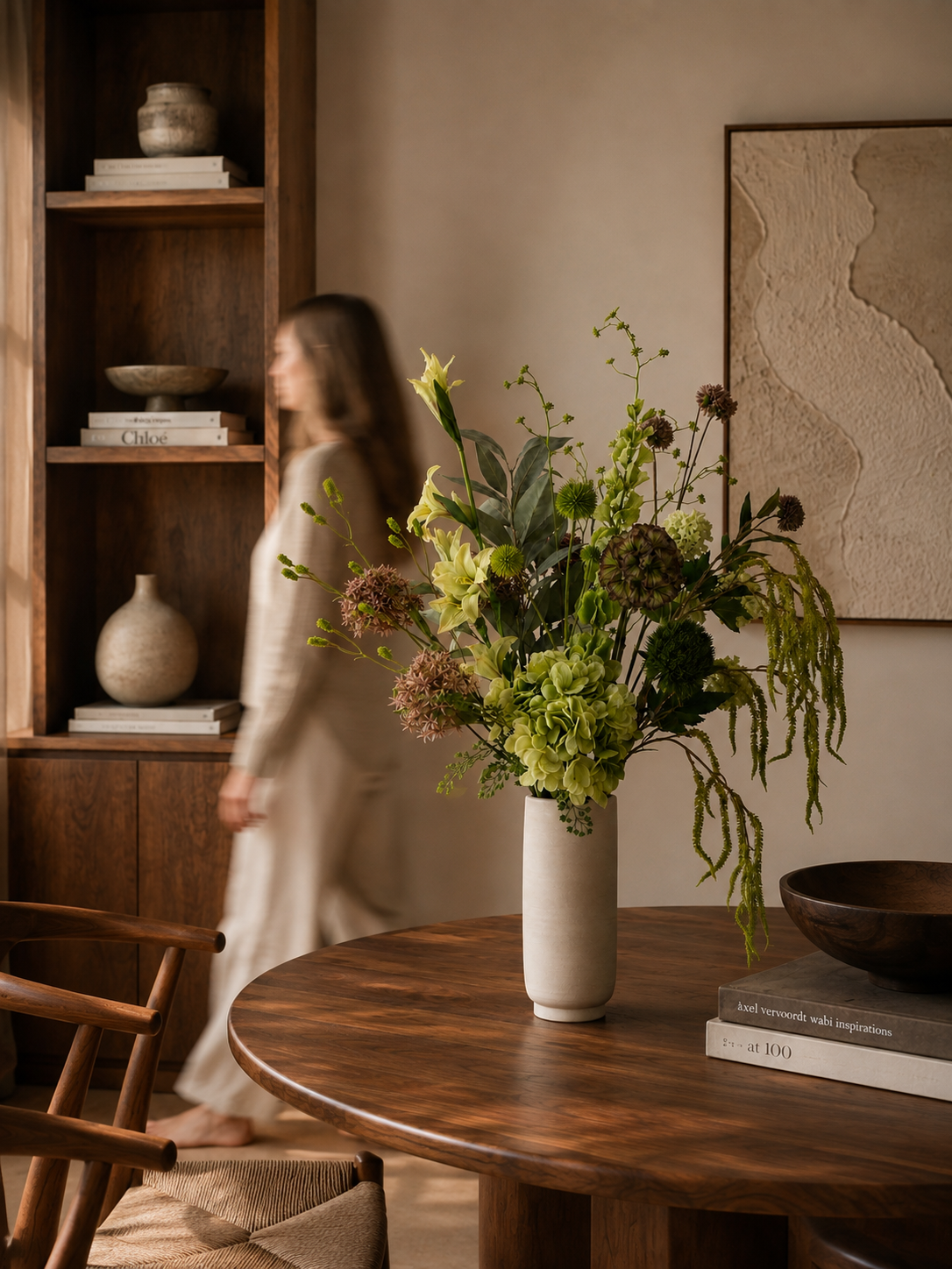 Wild Green zijden boeket met groene bloemen en naturel vaas