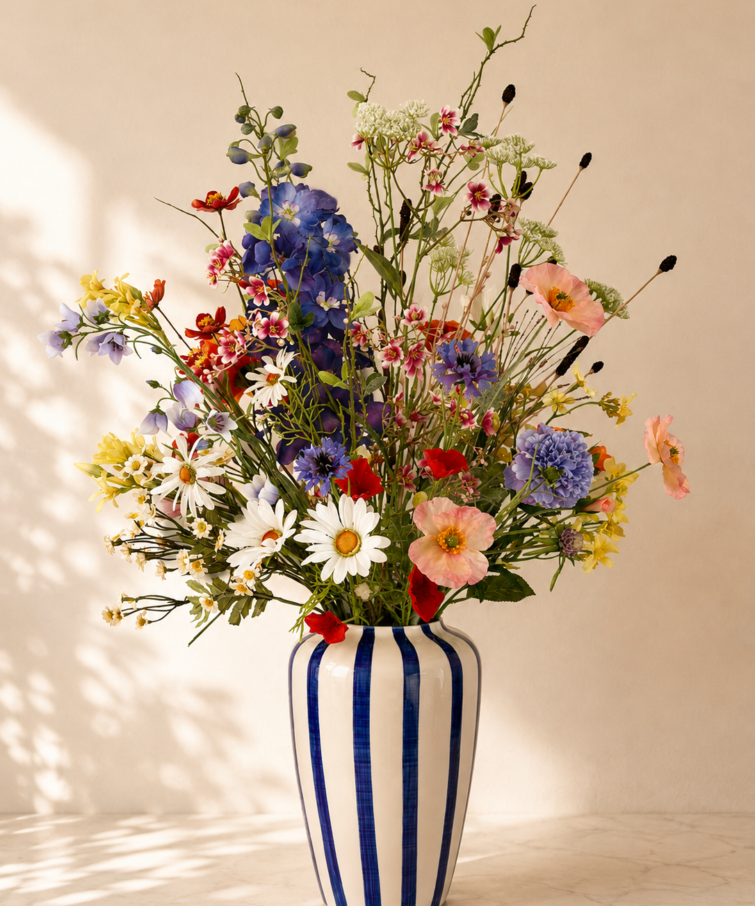 Wild Meadow kleurrijk zijden veldboeket met blauw-wit gestreepte vaas